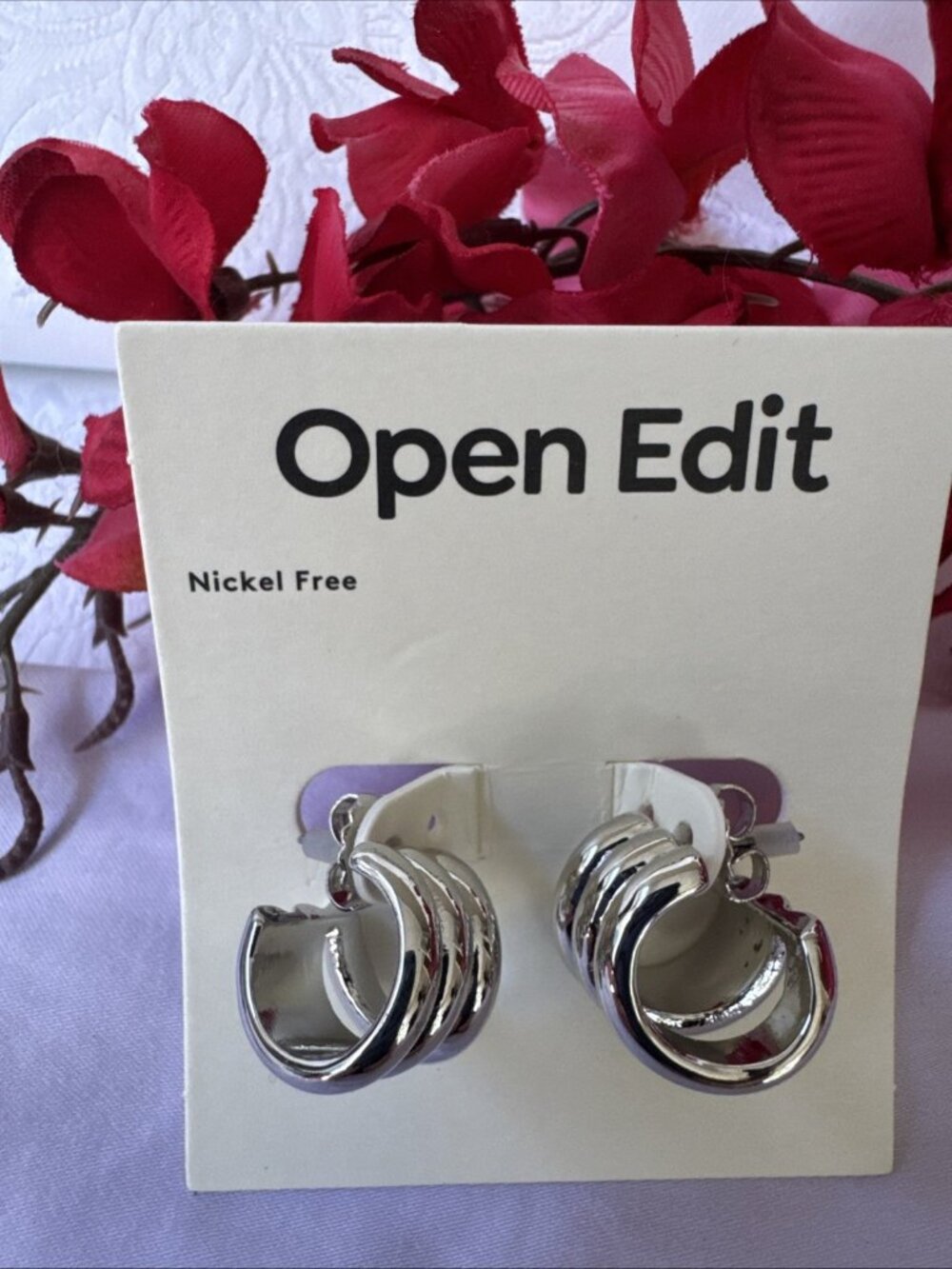 Open Edit Earrings Silver-tone Small Triple Hoop Nickel Free Nordstrom $25 NWT